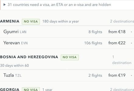 The aerofrom list of nonstop destinations grouped by country, each with a visa badge: the passport switches from Cyprus to Russia and Austria goes from "no visa" to "visa", then the list is filtered to visa-free countries only and rebuilt, above a line saying 31 countries are hidden.