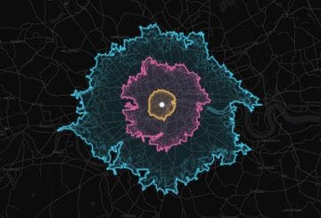 Isochrone wave over London: how far fifteen minutes reaches by car, by bicycle and on foot, drawn as nested contours spreading out from the city centre.
